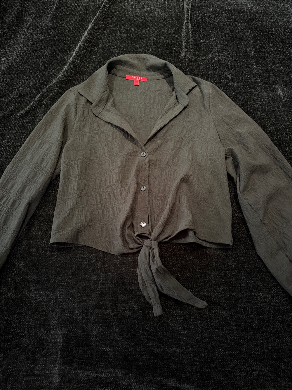 Guess Olive Green Cropped Tie-Front Button Down Shirt